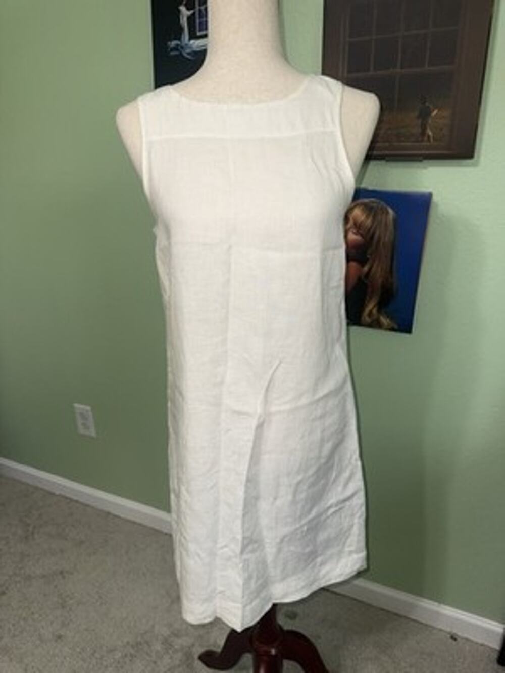 KIKO Comfortable Clothing White Boxy 100% Linen Lagenlook Shift Dress Small